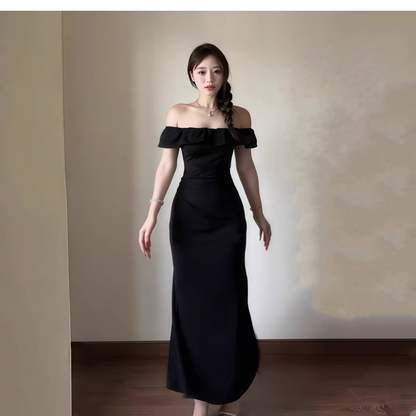 Elegant Off The Shoulder Black Mermaid Long Birthday Dress Vacation Dress YM2244