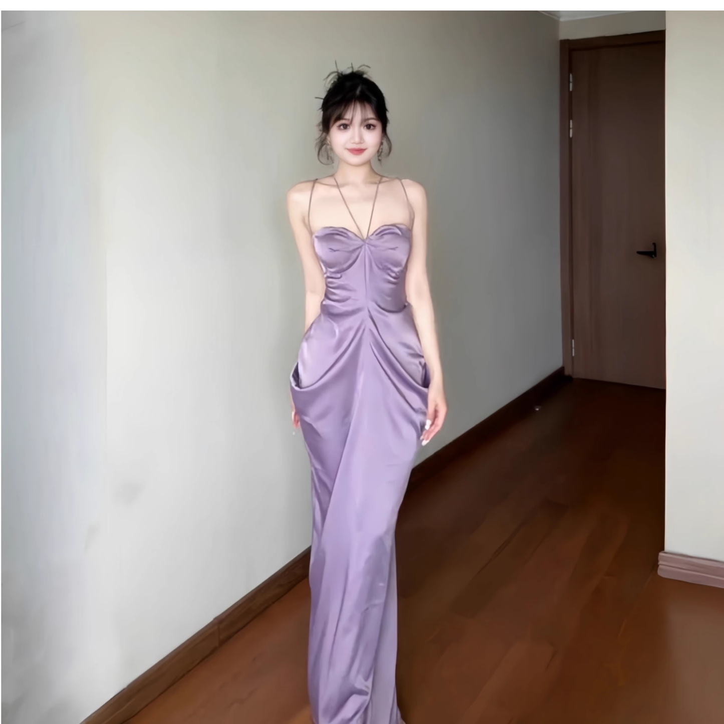 Purple Satin Sexy Backless Straps Birthday Party Dress Long Holiday Dress YM2265