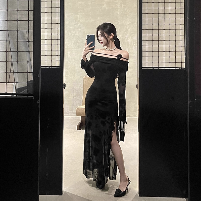 Charming Off The Shoulder Black Side Slit Long Holiday Dress Birthday Dress YM2220