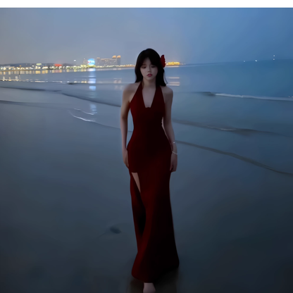 Sexy Red Halter High Slit Long Party Dress V Neck Vacation Dress YM2205