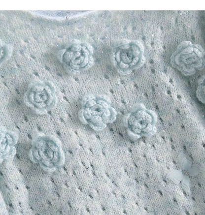 Light Green Sequined 3D Flower Knitted Sweater YM1933