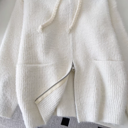 Sweet And Versatile Knitted Cardigan With Loose Hood And Zip-up Pockets YM2425