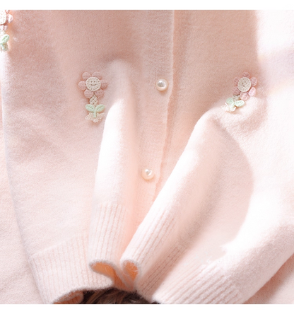 Sweet Short Sweater Jacket New Style Pink Outer Long-Sleeved Knitted Cardigan YM2360