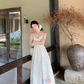 White 3D Flower Faux Linen Waisted Spaghetti Straps Party Dress YM2022
