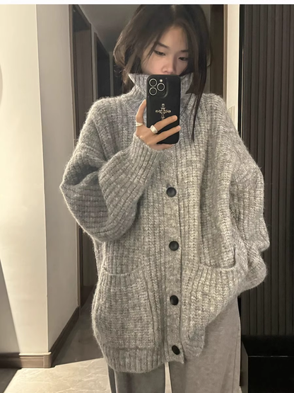 Gray Soft Turtleneck Cardigan Sweater Coat Loose Mid-length Knitwear YM2404