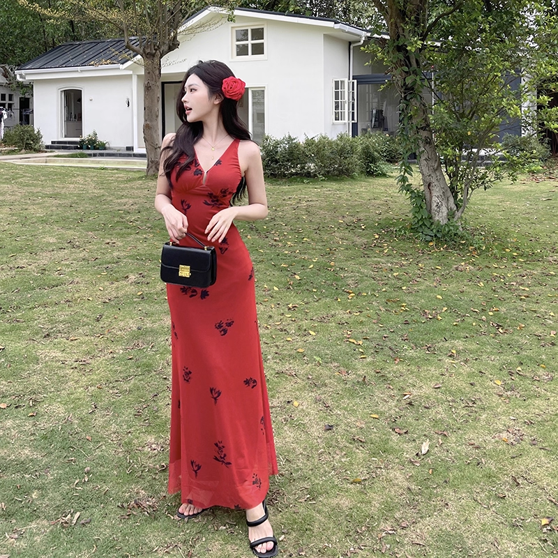 Sexy V Neck Red Print Floral Long Birthday Dress Vacation Dress YM2203