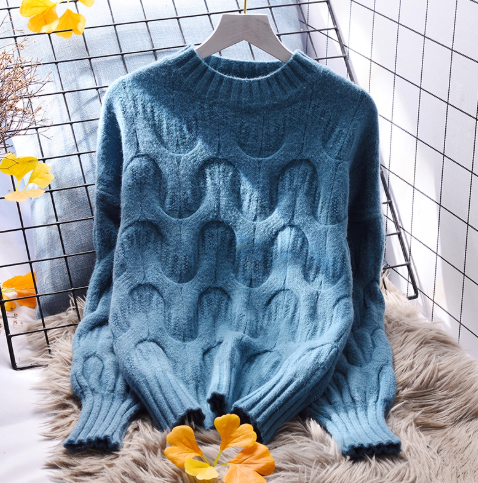 Purple Cable Knitted Round Neck Pullover Thickened Sweater YM2374