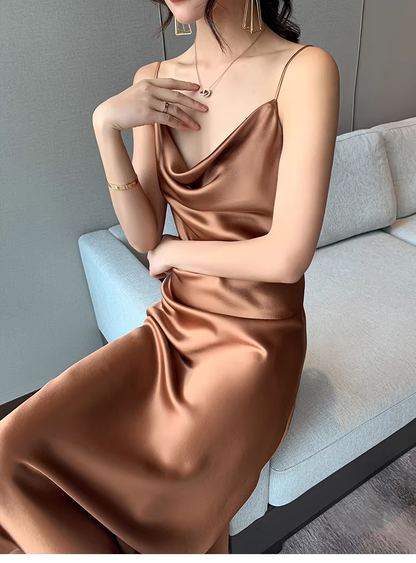 Sexy Spaghetti Straps Satin Long Party Dress Holiday Dress YM2438