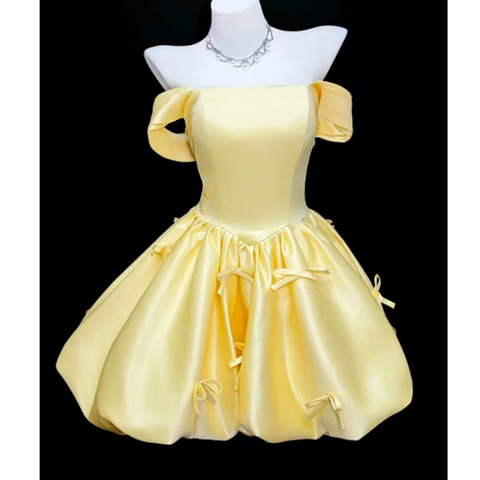 Cute Yellow Off The Shoulder Satin A Line Short Birthday Dress Vacation Dress YM2458