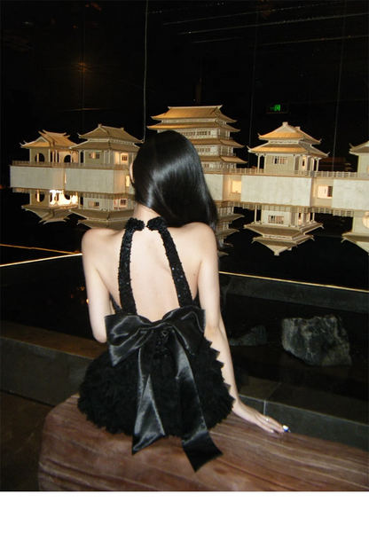 Halter V Neck Black Sequins Backless Party Dress Sexy Birthday Outfits YM1981