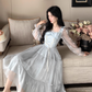 Blue French Square Neck Long Dress Fairy Glossy  Party Dress Prom Dress YM2028