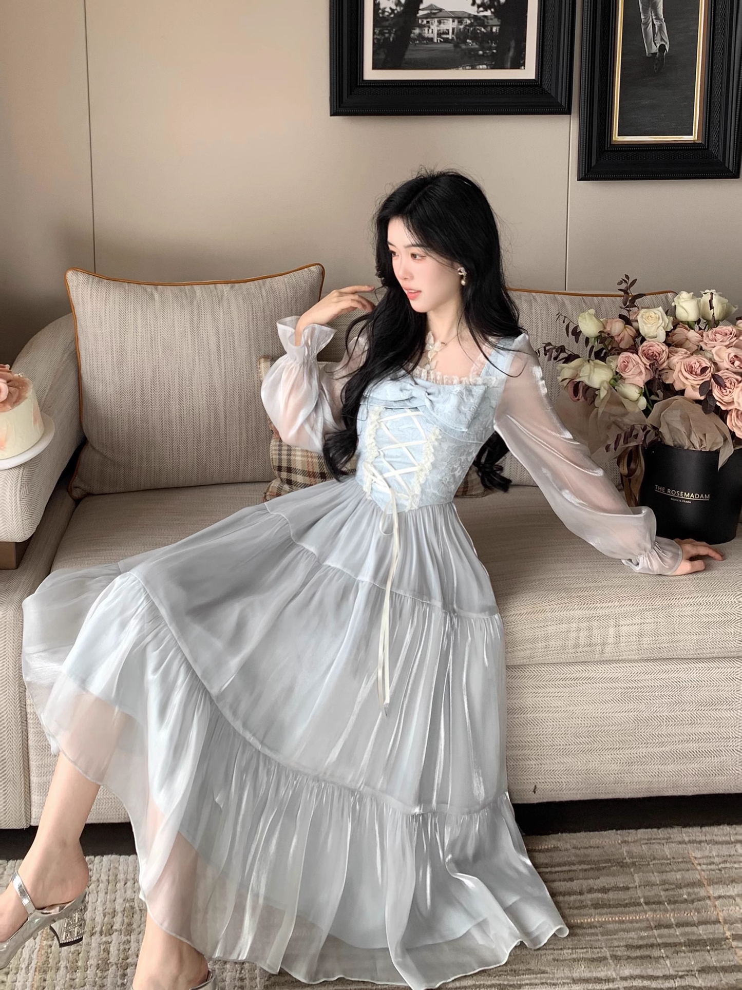 Blue French Square Neck Long Dress Fairy Glossy  Party Dress Prom Dress YM2028