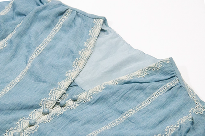 Bohemian Holiday Style Dress Blue V-neck Embroidered Beach Long Dress YM2313