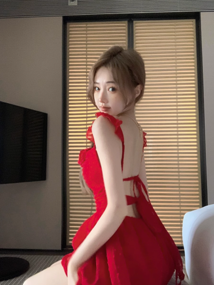 Red Sexy Backless Square Neck Straps Short Birthday Party Dress A Line Vacation Dress YM2131