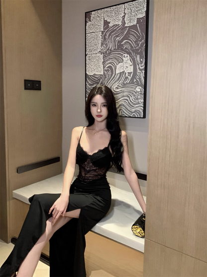 Vintage black lace stitching high slit sexy straps party dress evening dress YM1966