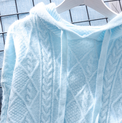 Sky Blue Hooded Cable Pullover Sweater Soft And Stylish Knitted Sweater YM2364