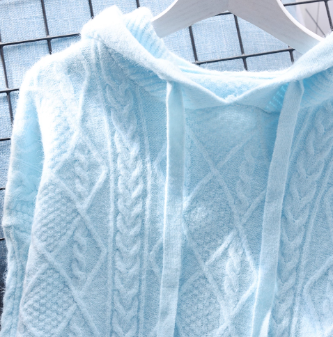 Sky Blue Hooded Cable Pullover Sweater Soft And Stylish Knitted Sweater YM2364