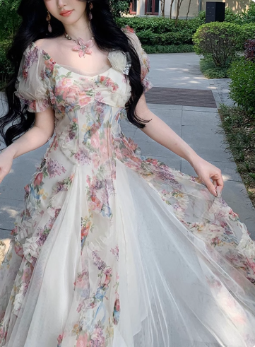 Pink Romantic Retro Heavy-Duty Three-Dimensional Flower Tulle Stitching Holiday Dress Long Birthday Dress YM2361