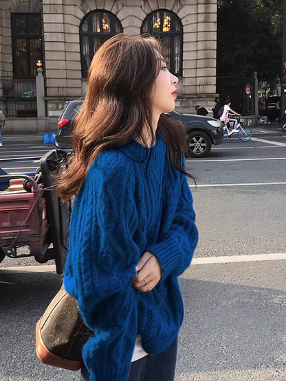 Klein Blue Retro Cable Knit Sweater Thickened Loose Knitwear YM2416
