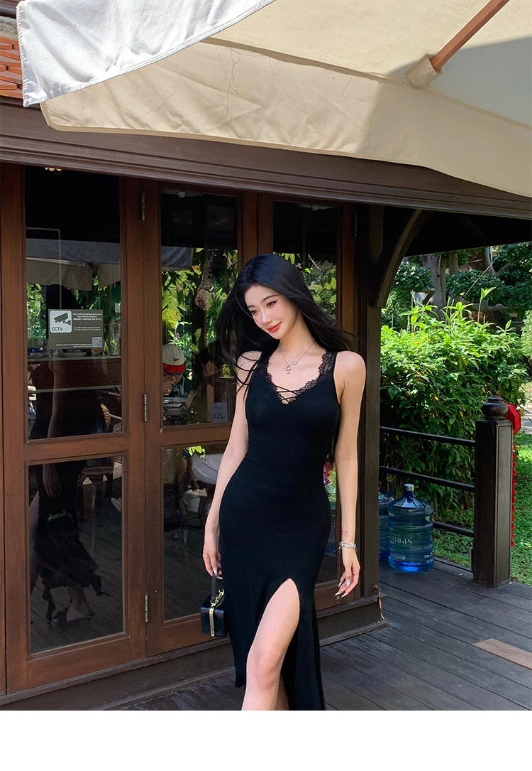 Black Lace Edging Mermaid Slit Evening Dress Sexy Party Prom Dress YM1986