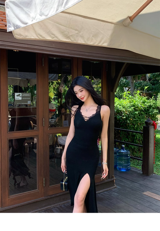 Black Lace Edging Mermaid Slit Evening Dress Sexy Party Prom Dress YM1986
