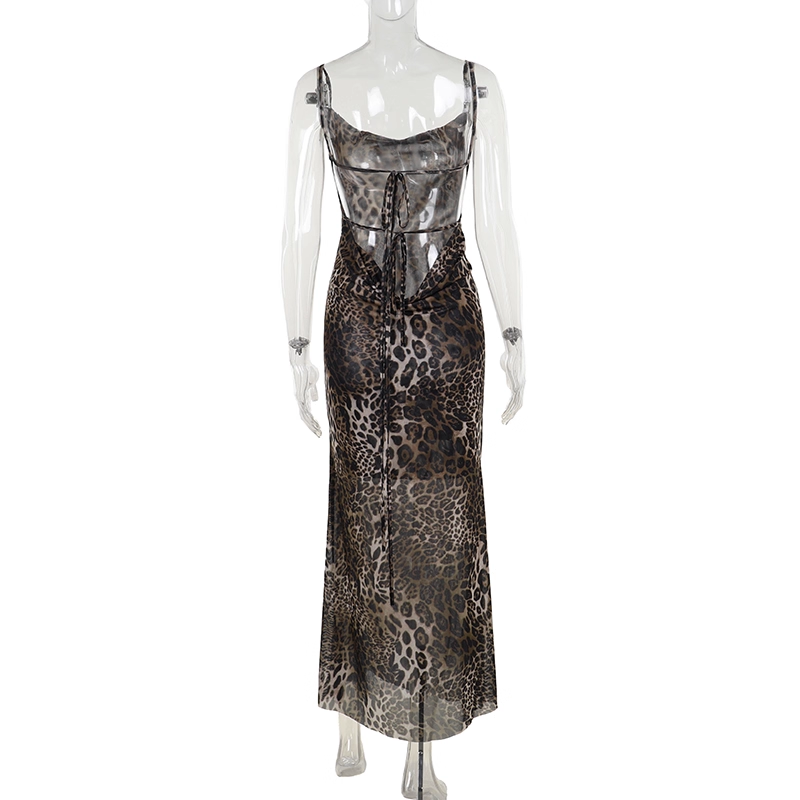 Sexy Suspender Vacation Dress New Style Strappy Large Backless Leopard Print Sheath Long Holiday Dress YM2229