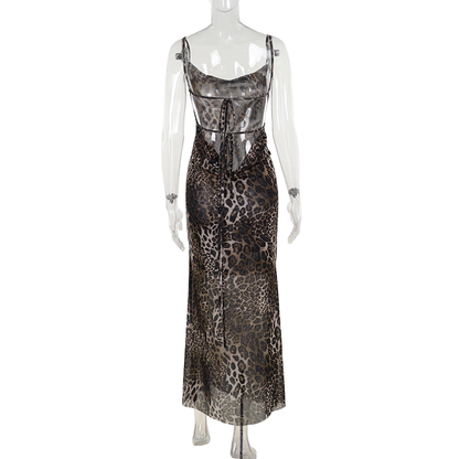 Sexy Suspender Vacation Dress New Style Strappy Large Backless Leopard Print Sheath Long Holiday Dress YM2229