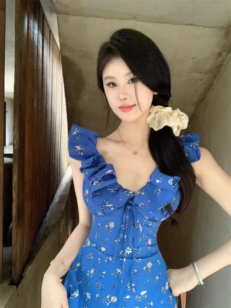 Blue Floral V Neak A Line Party Dress YM1834