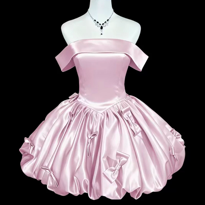 Cute Pink Satin Bow Off The Shoulder Short Birthday Dress Cocktail Dress YM2461