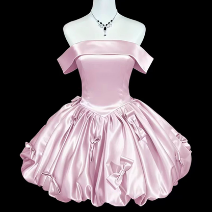Cute Pink Satin Bow Off The Shoulder Short Birthday Dress Cocktail Dress YM2461