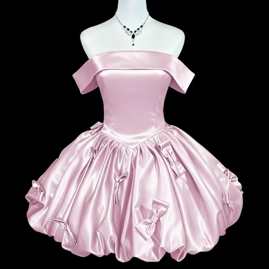 Cute Pink Satin Bow Off The Shoulder Short Birthday Dress Cocktail Dress YM2461