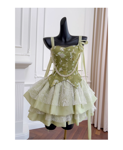 Green Spaghetti Straps Lace Satin Hoco Dress Temperament Birthday Dress YM2118
