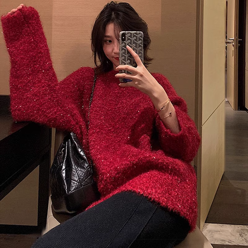 Christmas Red Sweater Thick Pullover Bright Silk Knitted Sweater YM1809
