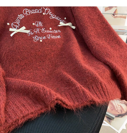 Cute Apricot Embroidered Bow Pullover Sweater YM2426
