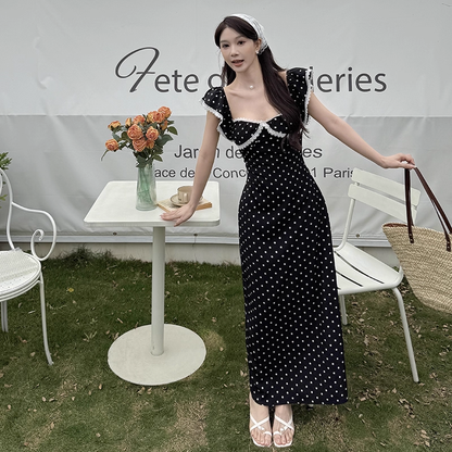 Cute Black Lace Polka Dot Square Neck Long Vacation Dress Holiday Dress YM2249