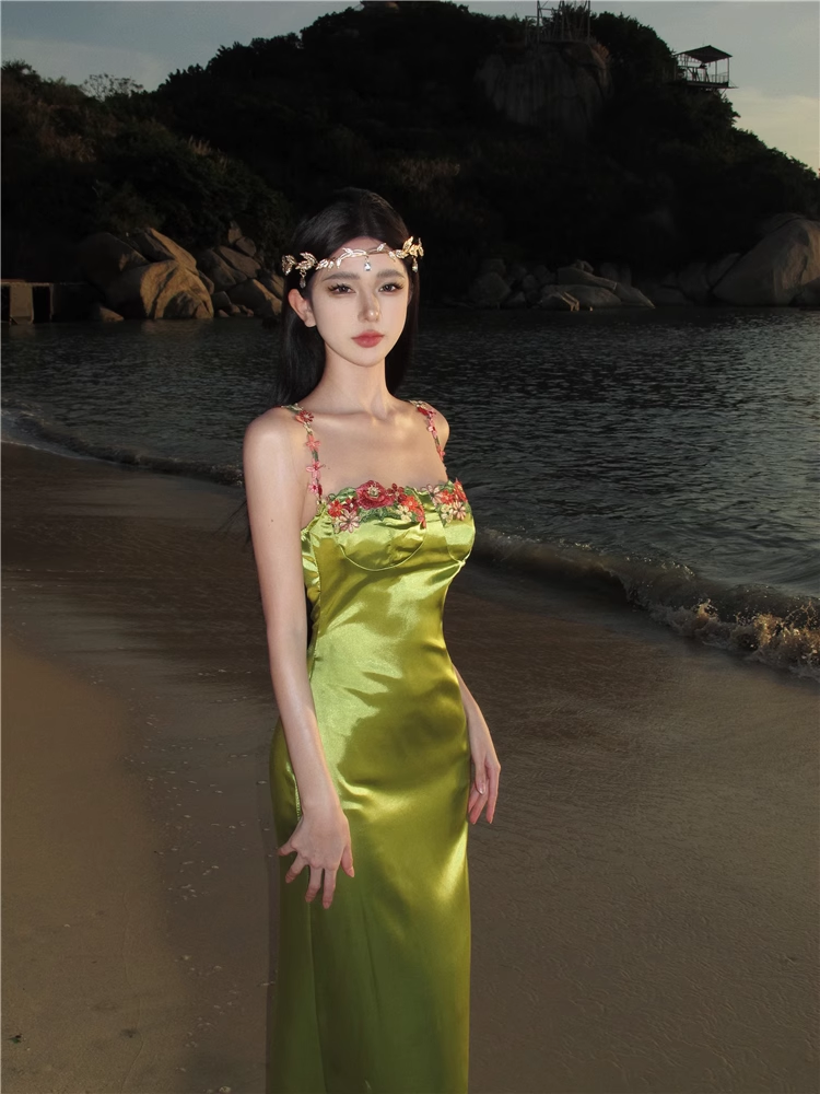 Long green satin party dress YM1034