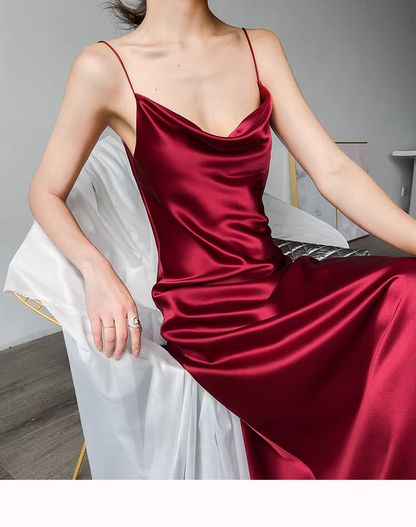 Burgundy Spaghetti Straps Satin Long Birthday Party Dress YM2442