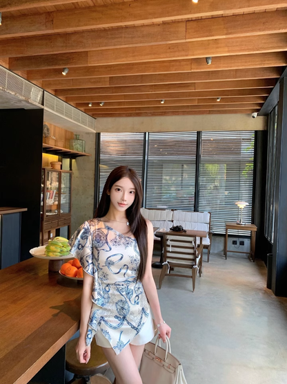 Off-shoulder Irregular Satin Print Hot Girl Sexy Mini Dress Holiday Dress YM2091