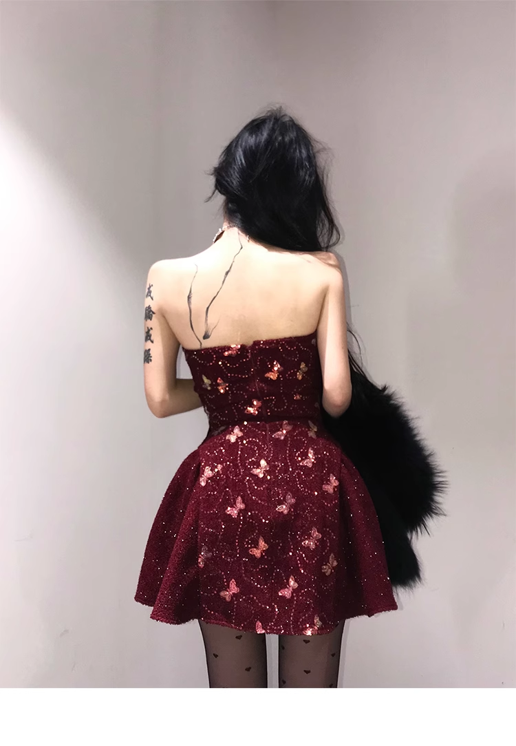 Red Strapless Short Prom Dress Sequins Birthday Pleated Party Dress YM1980