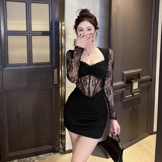 Sexy Black Lace Long-Sleeved Sheath Short Holiday Dress  YM2259