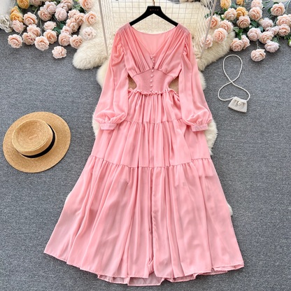 Elegant V-neck long-sleeved waist chiffon dress YM305