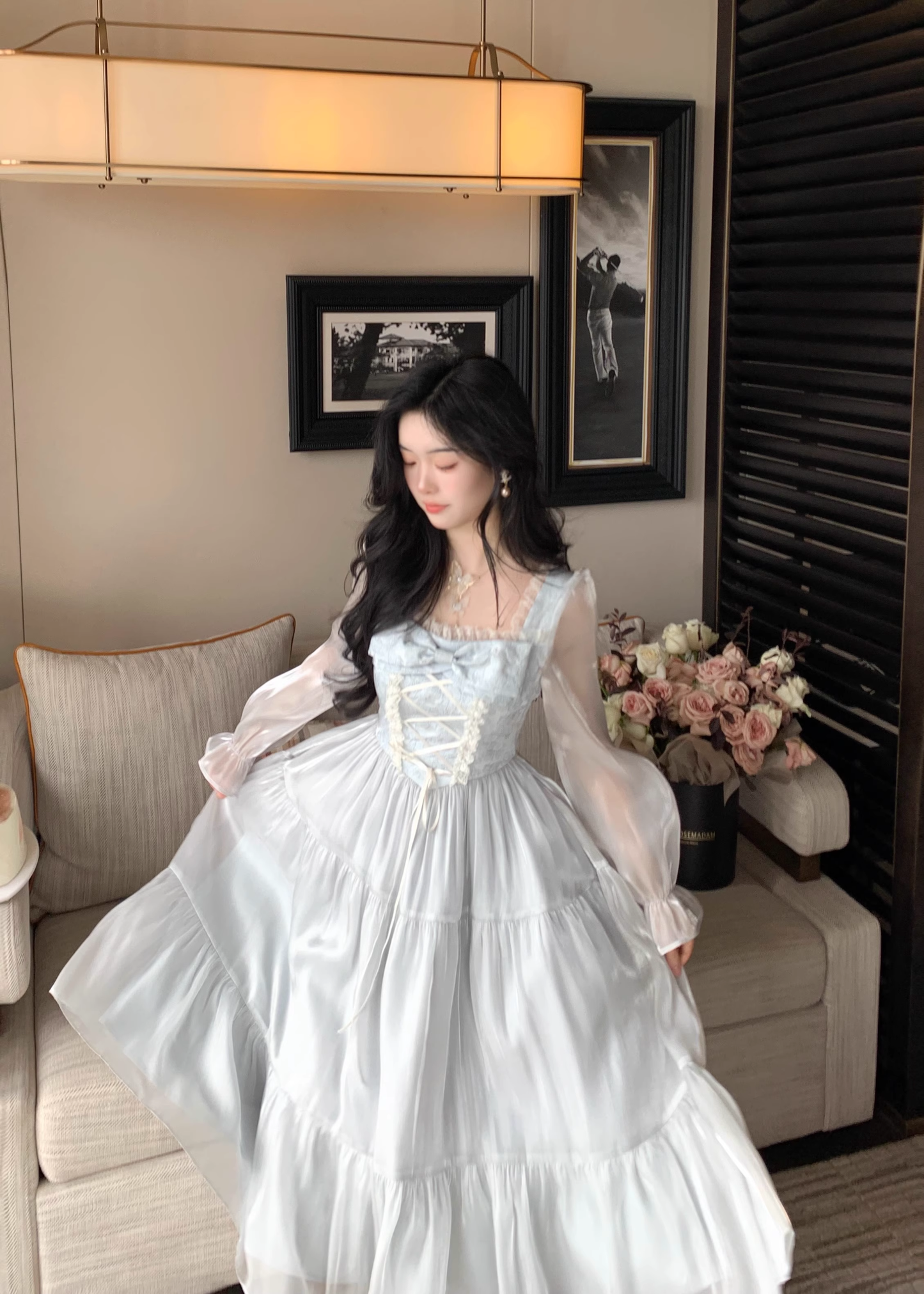 Blue French Square Neck Long Dress Fairy Glossy  Party Dress Prom Dress YM2028