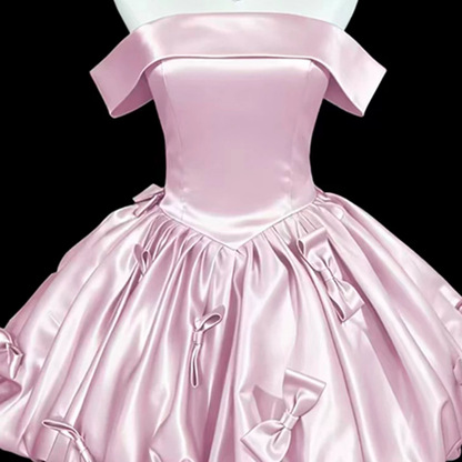 Cute Pink Satin Bow Off The Shoulder Short Birthday Dress Cocktail Dress YM2461