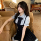 Preppy Style Fake Two-Piece Navy Blue Puff Sleeve Suspender Waist Party Dress YM2039
