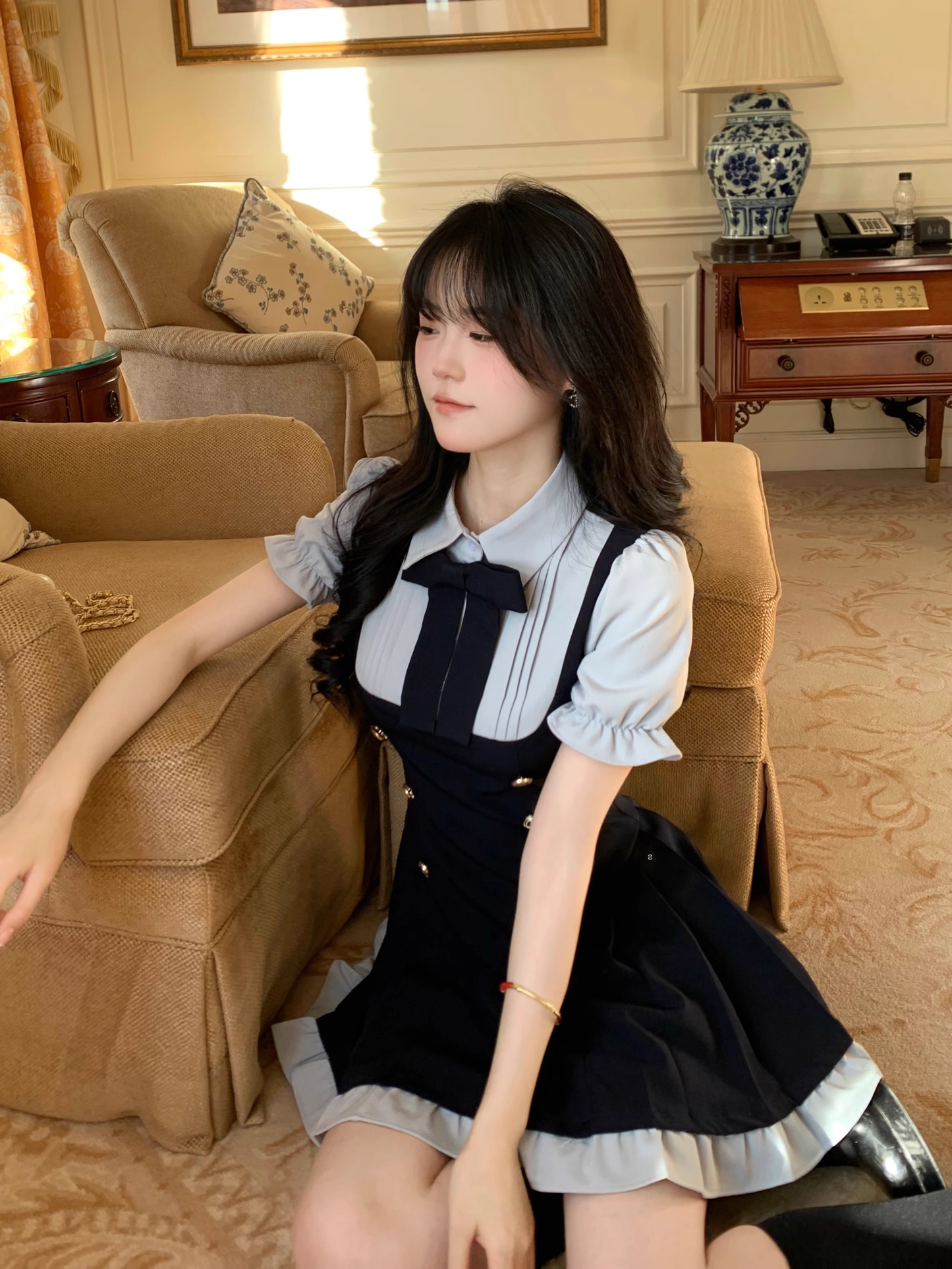 Preppy Style Fake Two-Piece Navy Blue Puff Sleeve Suspender Waist Party Dress YM2039