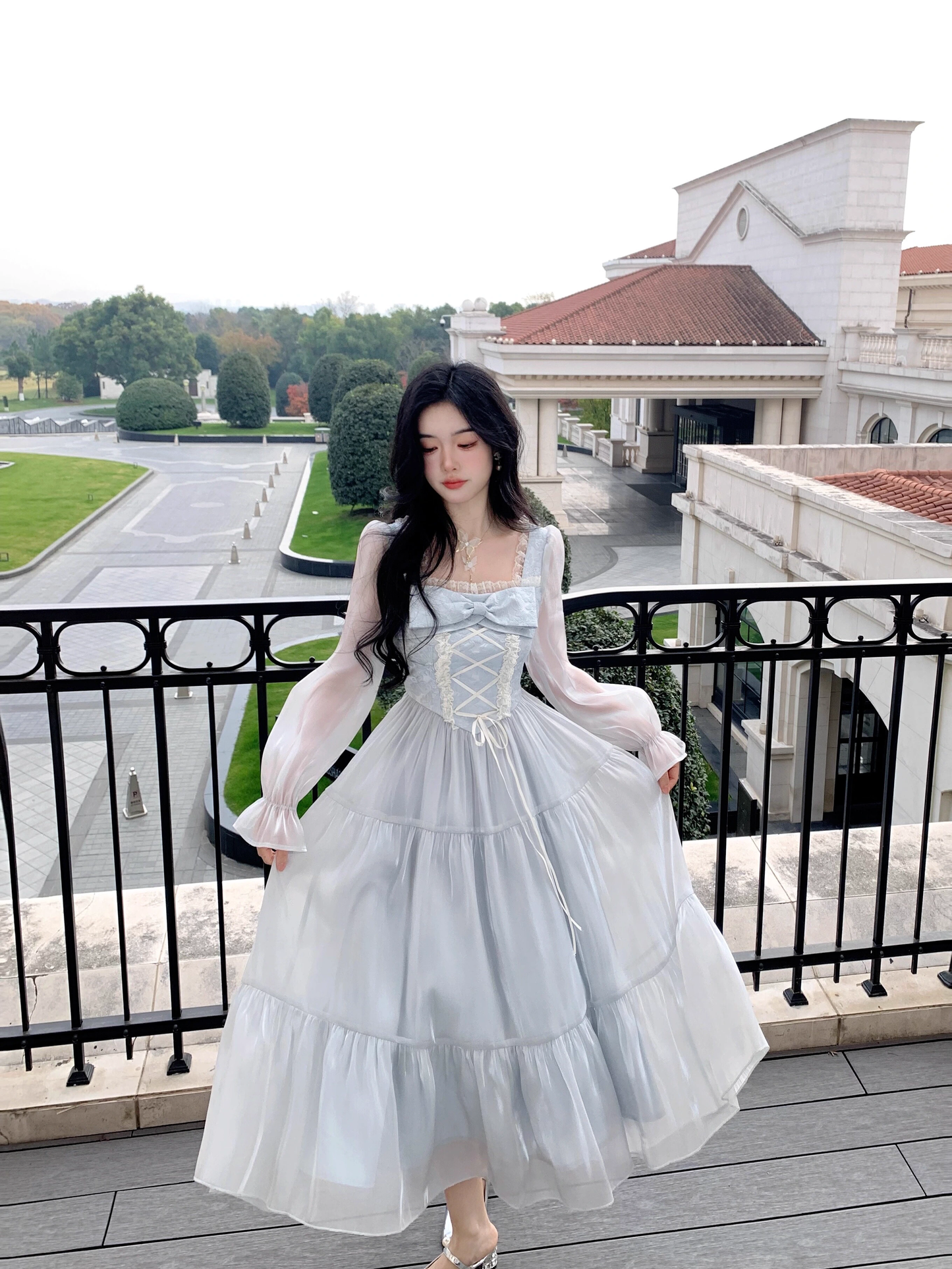 Blue French Square Neck Long Dress Fairy Glossy  Party Dress Prom Dress YM2028