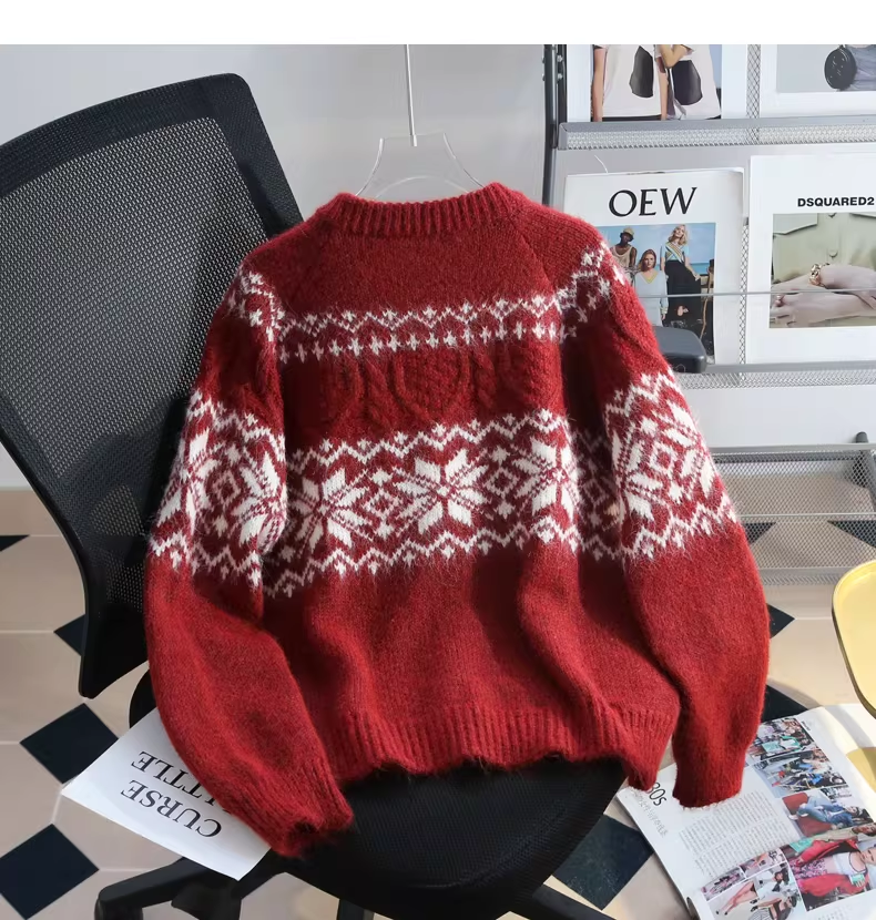 Vintage Fair Isle Jacquard Horn Button Red Sweater Coat YM2444