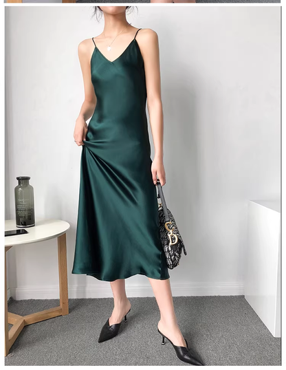 Classy Spaghetti Straps Dark Dreen Satin Mermaid Long Birthday Party Dress Holiday Dress YM2431