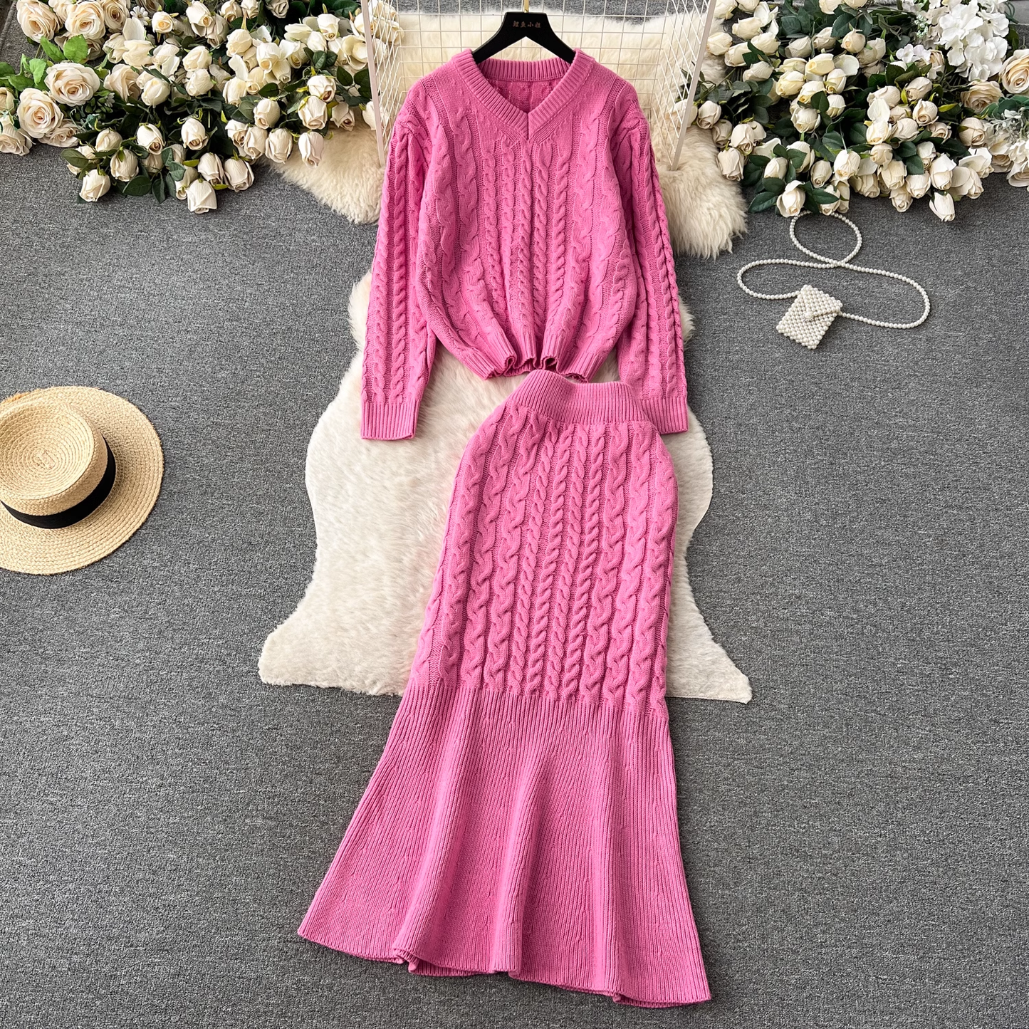 Retro twist long-sleeved sweater + mermaid skirt two-piece set YM570