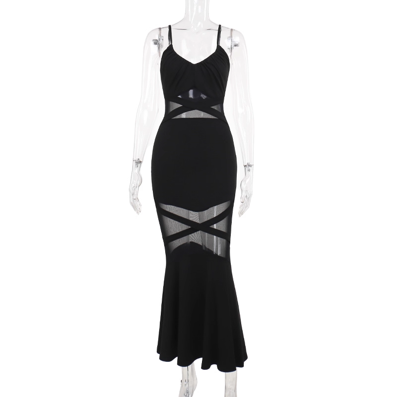 Sexy Tulle Stitching Spaghetti Straps Black Long Vacation Dress Women Dress YM2221
